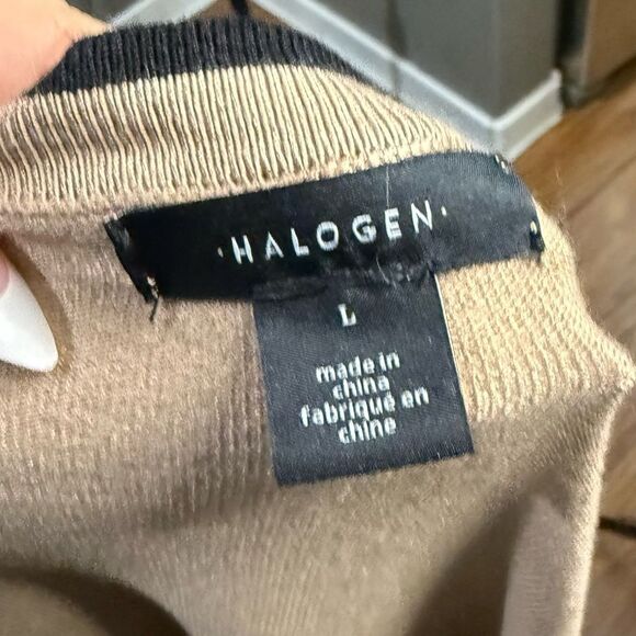 Halogen contrast Trim Sweater Tan Black V-neck Slit Sleeves - Picture 10 of 11